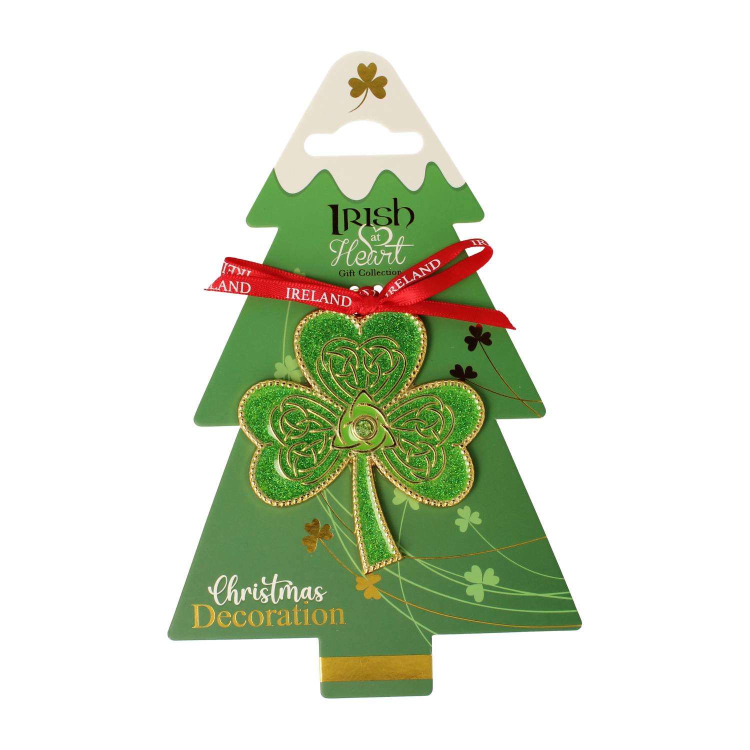 Green Christmas tree shaped metal decoration with a glitter shamrock pendant and red Ireland ribbon