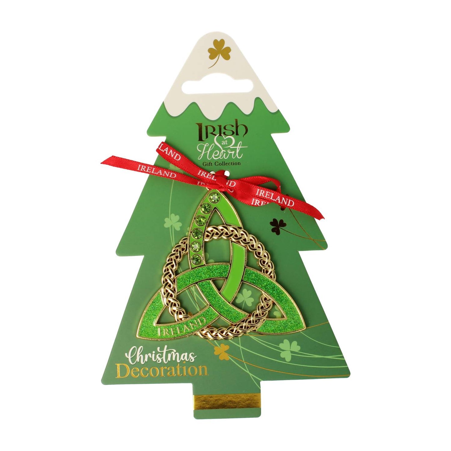 Green Christmas tree shaped metal decoration featuring a gold Trinity knot pendant and red Ireland ribbon