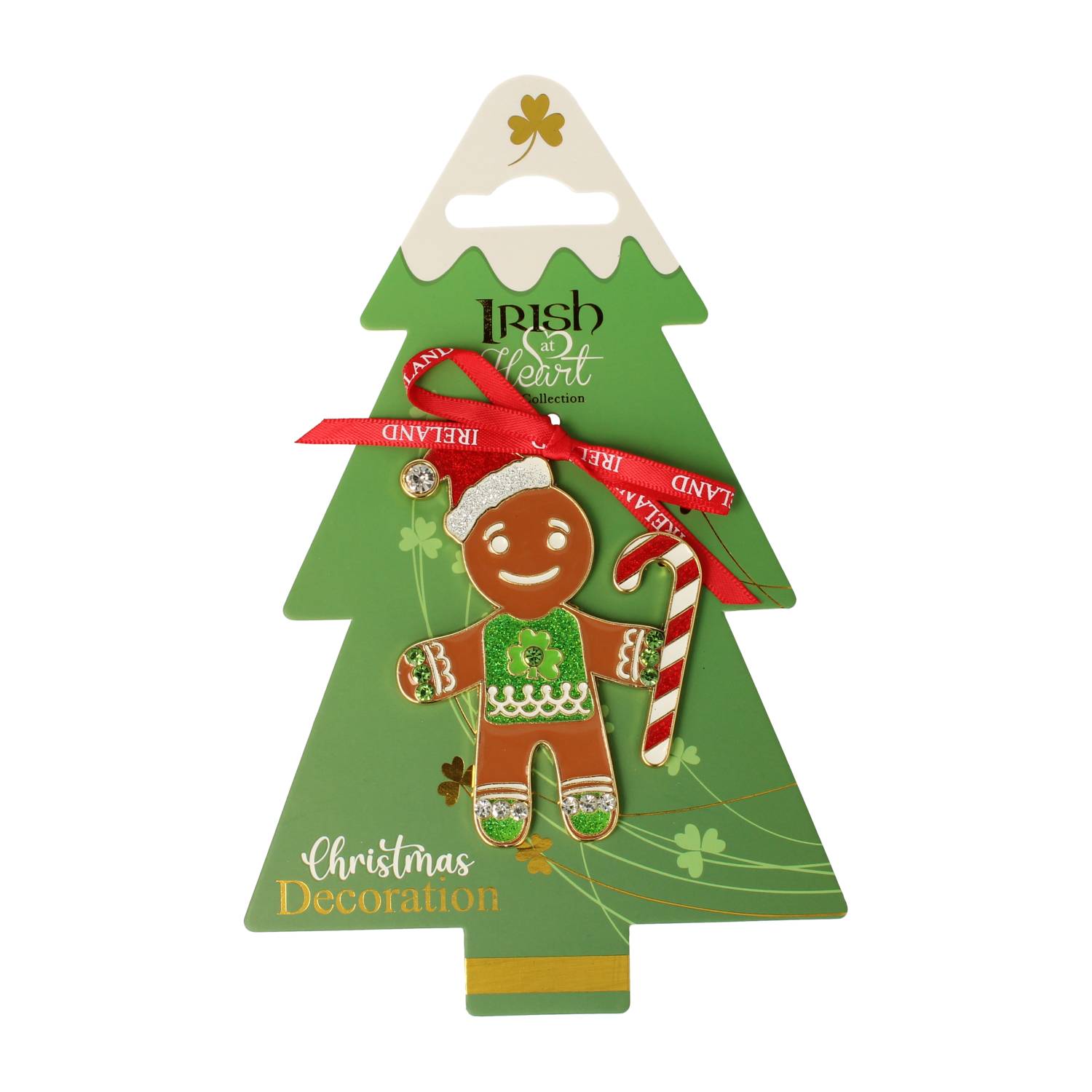 Green Christmas tree ornament with a gingerbread man charm candy cane and red ribbon