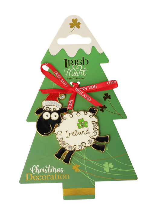 Irish at Heart metal decoration sheep with festive green body and red Ireland ribbon