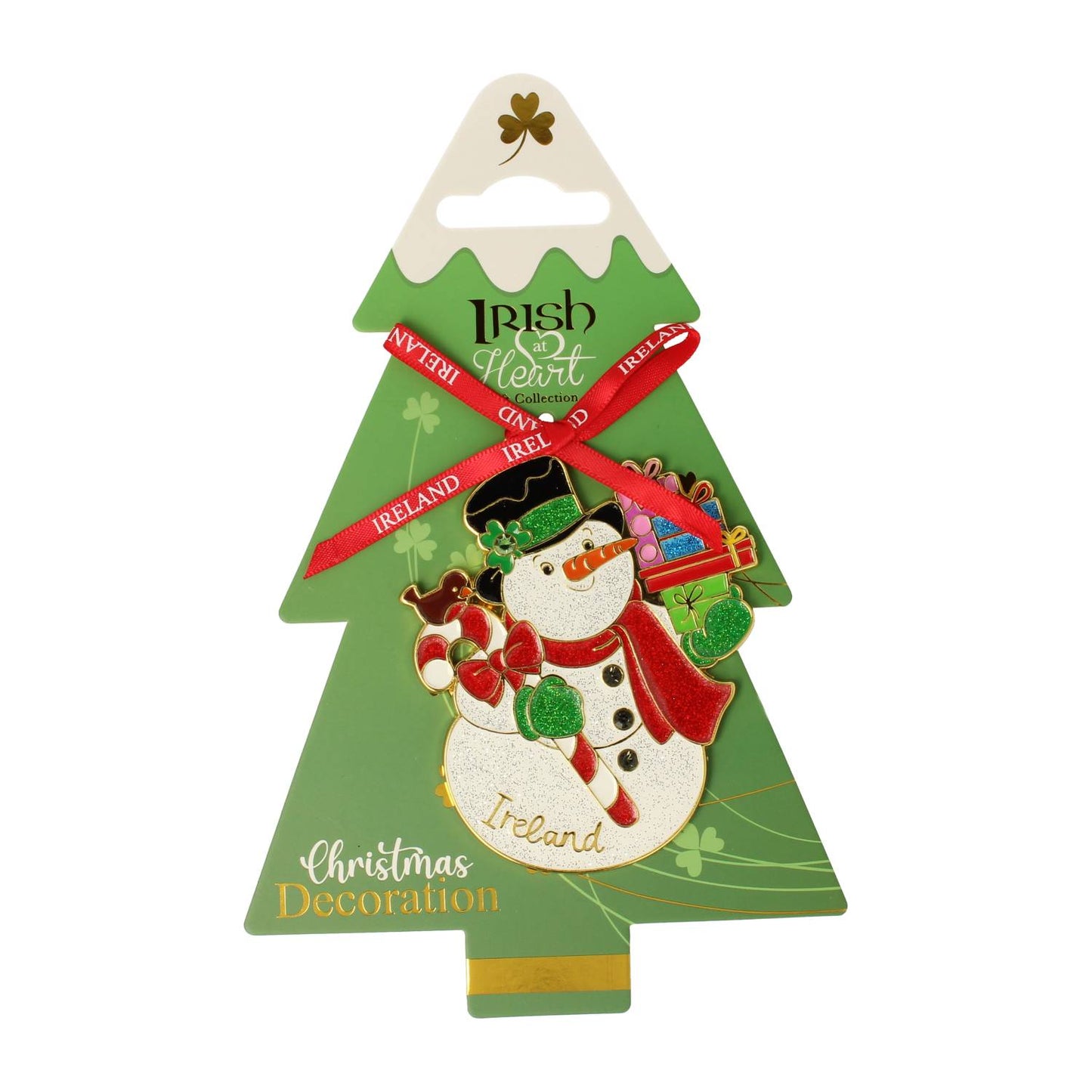 Irish at Heart Christmas decoration tree featuring a snowman with gifts and a red Ireland ribbon