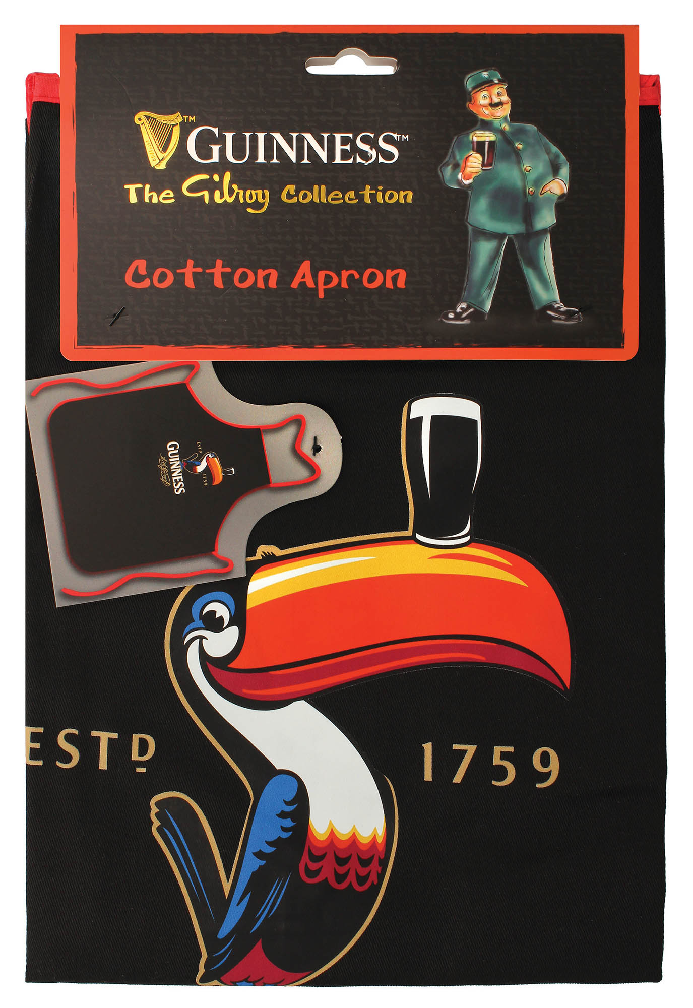 Guinness cotton apron from The Gilroy Collection with bold toucan graphic on black fabric and red trim