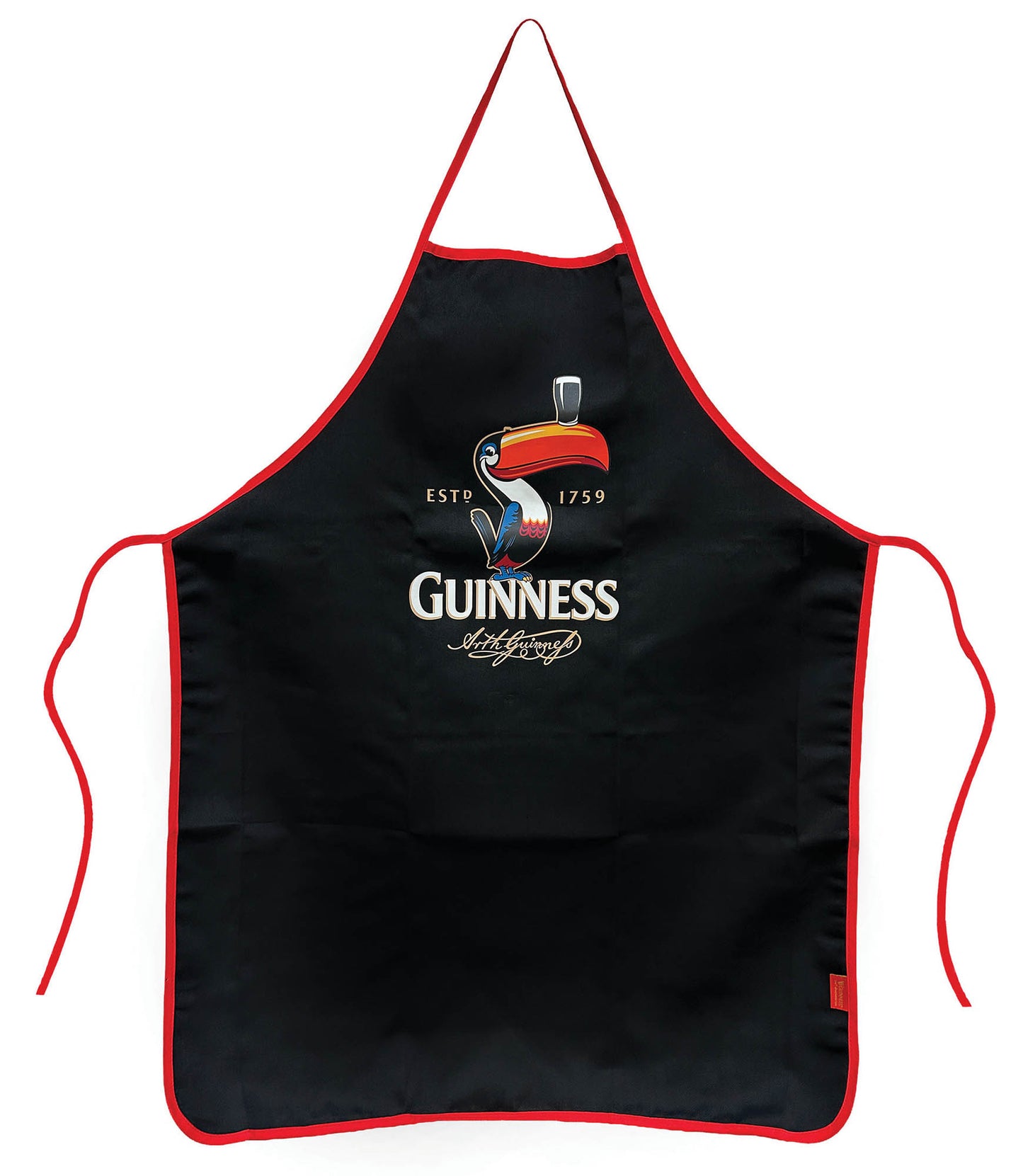 Guinness Toucan apron black with red trim and colorful toucan logo