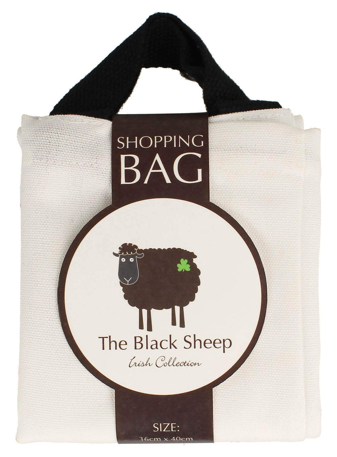Cream canvas tote bag with black handles and a large round sheep emblem on the front