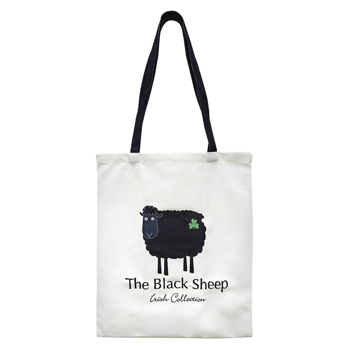 White tote bag featuring a black sheep graphic and a green shamrock with navy handles.