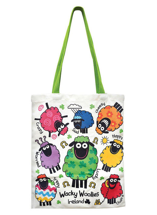 White tote bag with colorful cartoon sheep print and bright lime green handles