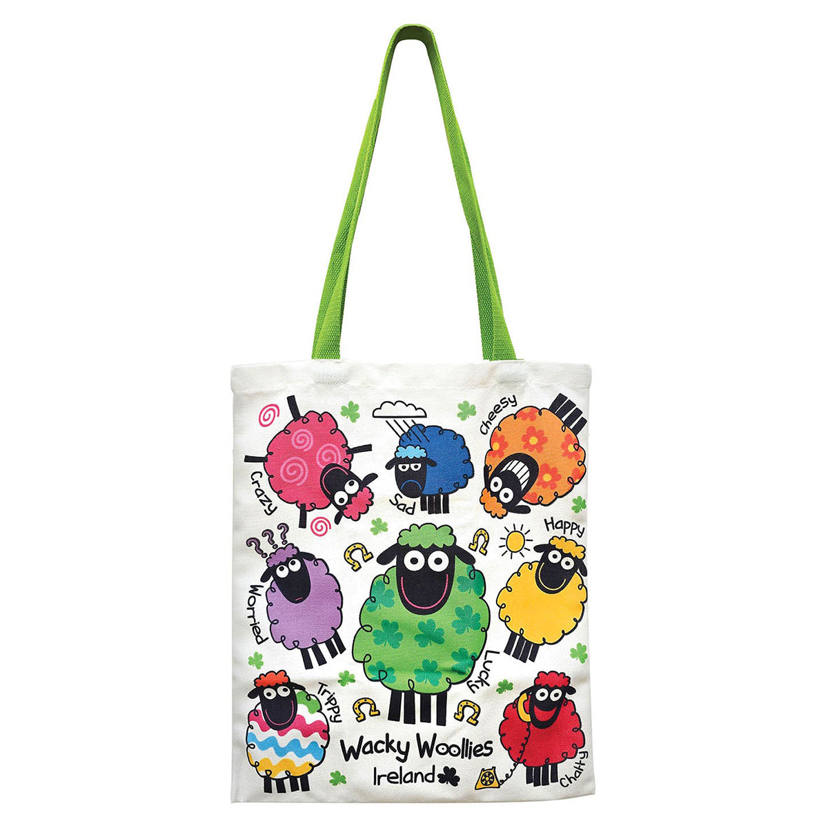 White tote bag with colorful cartoon sheep print and bright lime green handles