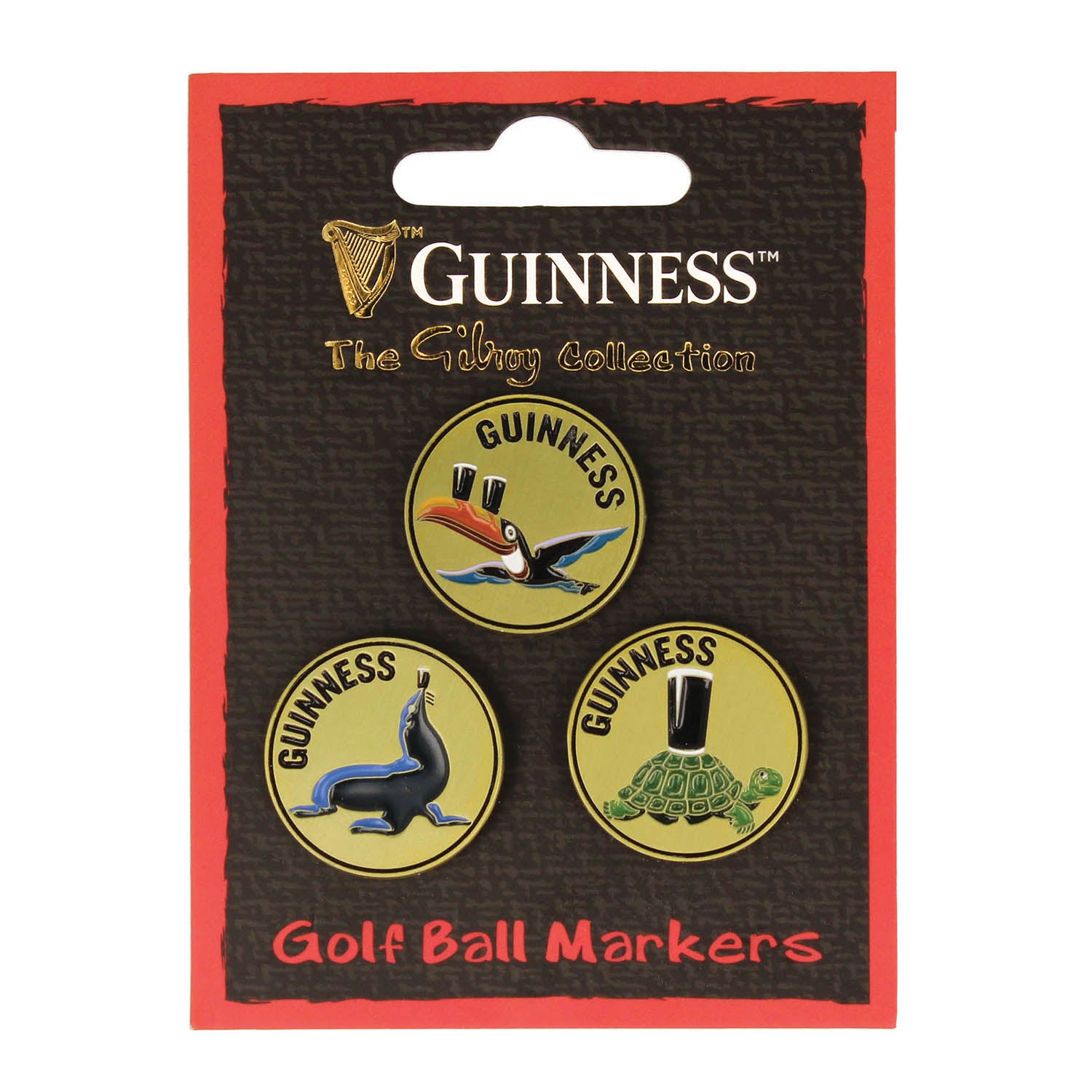 Guinness Gilroy Gold Golf Ball Markers three gold round markers on a black textured display card.