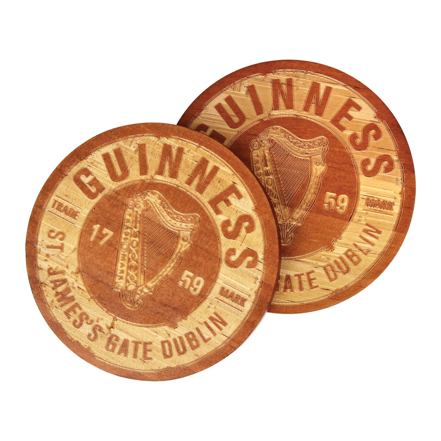 Two round Guinness wooden barrel coasters stacked together showing the logo and wood bands