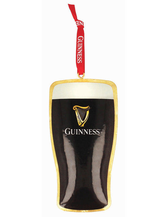 Guinness pint shaped metal decoration with gold border and red hanging ribbon