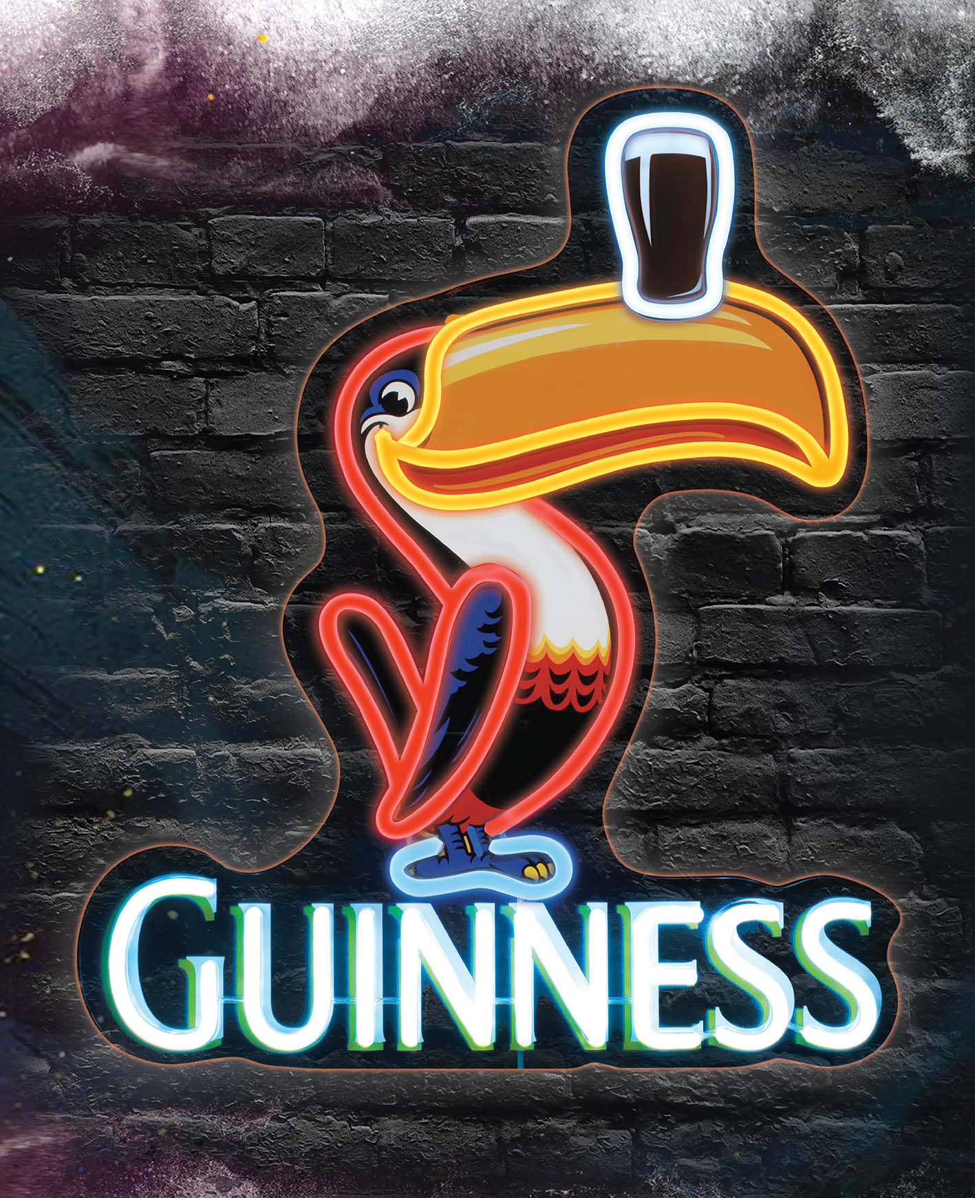 Large neon Guinness toucan sign with bright colors on a brick wall