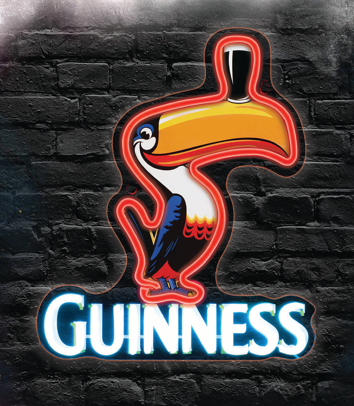 Guinness LED toucan sign with neon red outline against a dark brick wall and the Guinness word at the bottom