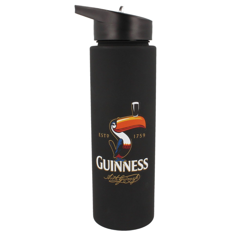 Black Guinness water bottle with a colorful toucan logo
