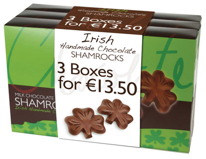 Irish handmade milk chocolate shamrocks triple pack in green packaging.