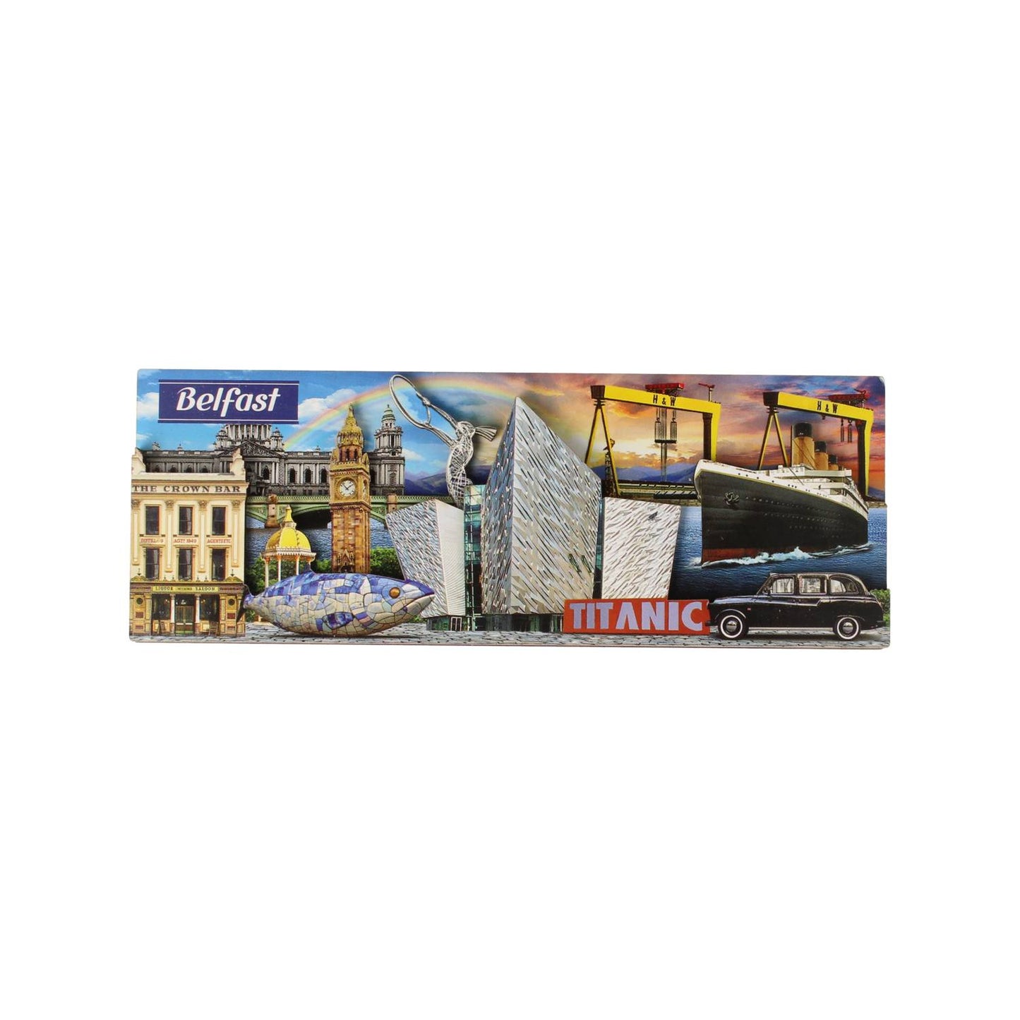 Belfast montage layered wooden magnet featuring Titanic collage and city landmarks