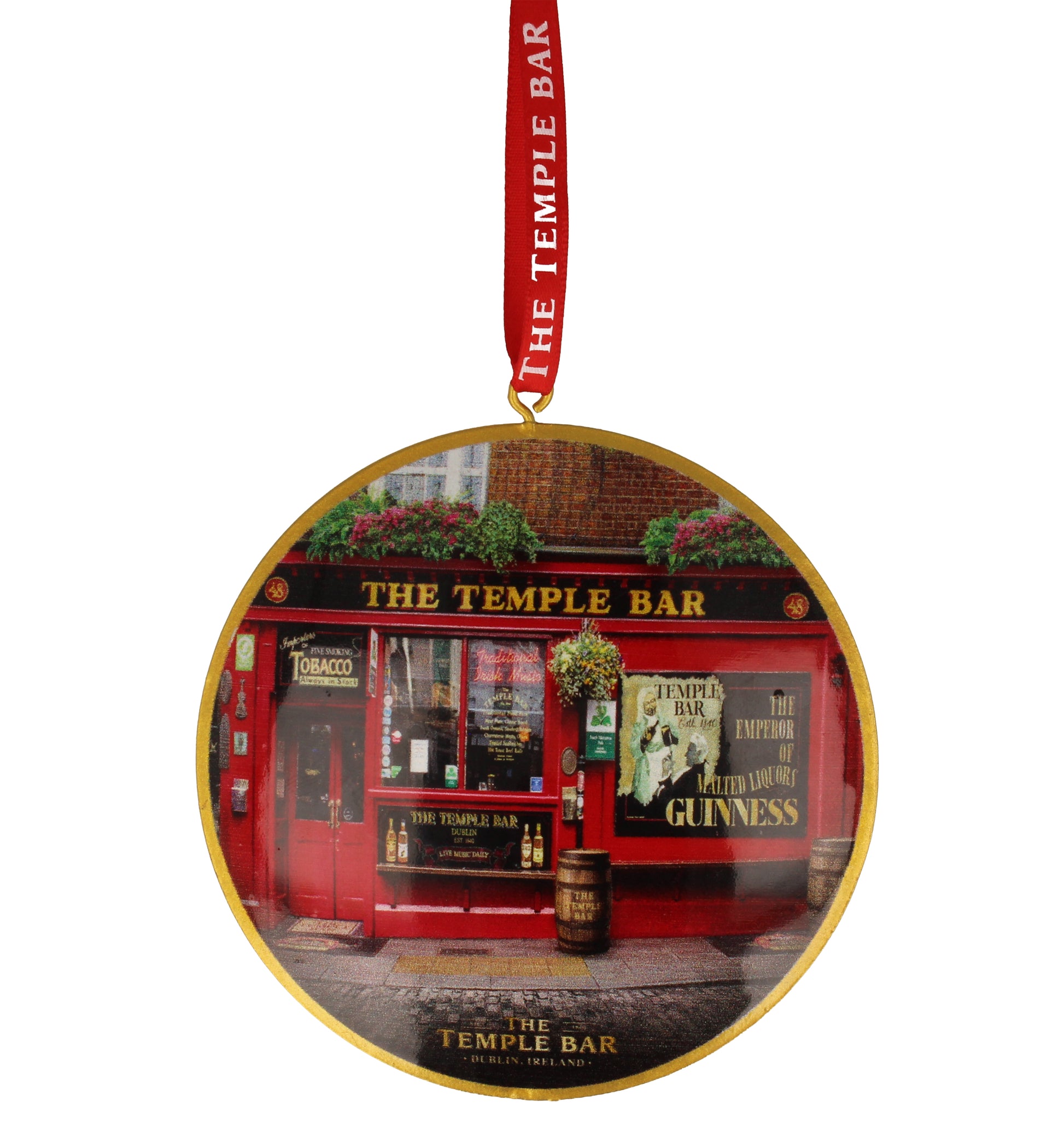 Circular metal ornament depicting The Temple Bar storefront with a gold rim and red ribbon hanger