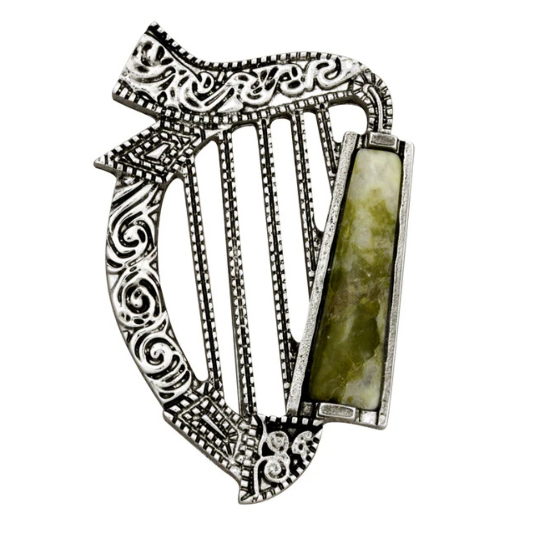 Rhodium Plated Connemara Marble Harp Brooch