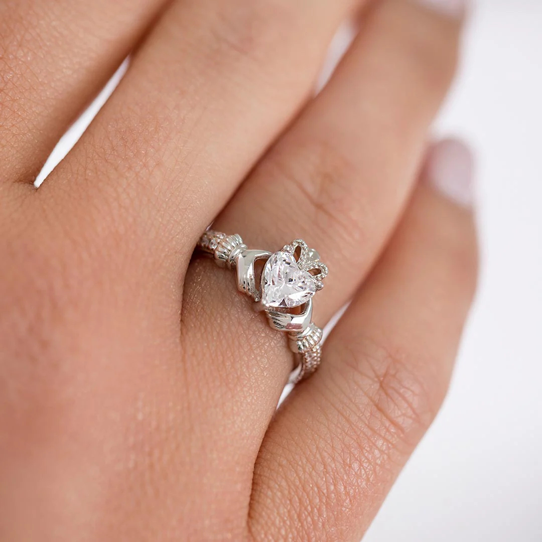 April Birthstone Crystal Claddagh Ring 
