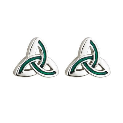 Pair of rhodium plated Trinity knot stud earrings with green enamel panels.
