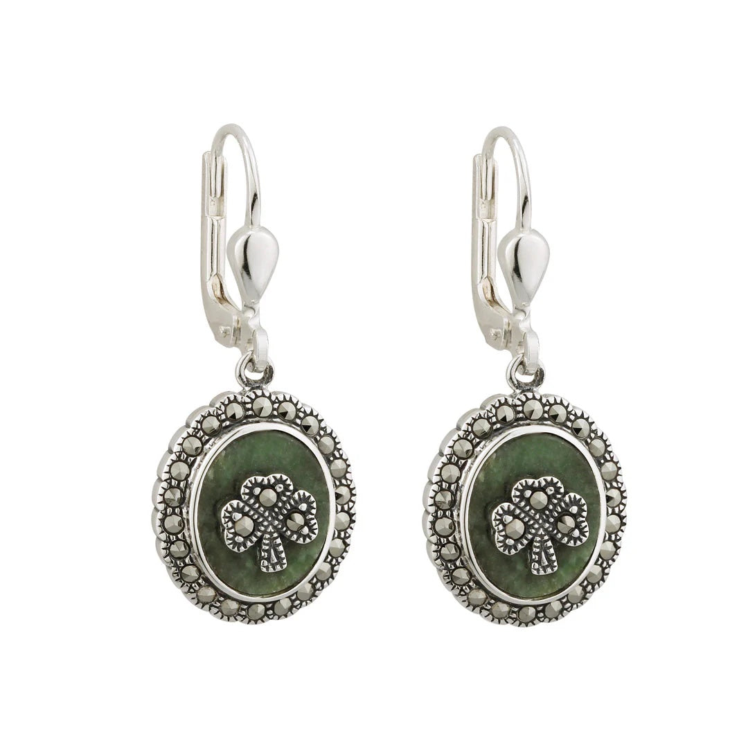 Sterling Silver And Connemara Marble Marcasite Shamrock Drop Earrings