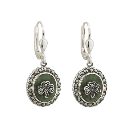 Sterling Silver And Connemara Marble Marcasite Shamrock Drop Earrings