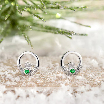 Green Crystal Claddagh Stud Earrings