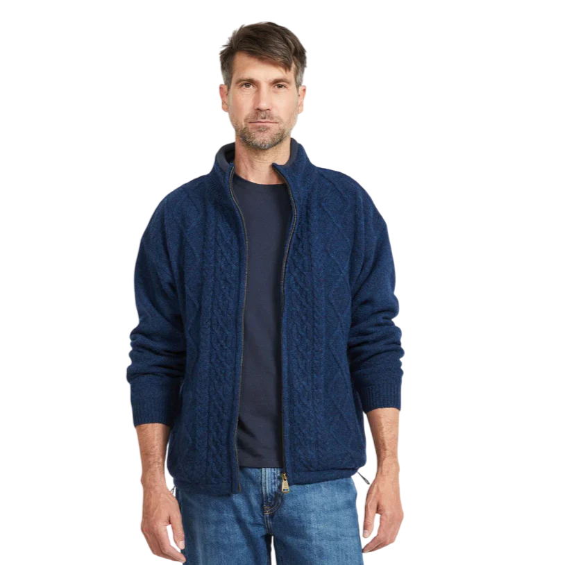 Men's Lined Shetland Wool Zipper Navy Cardigan