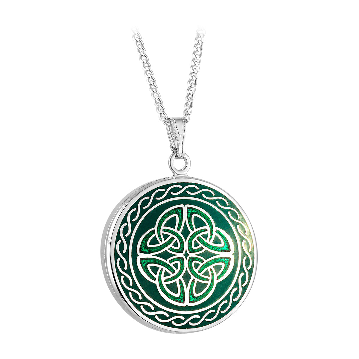 Rhodium Green Enamel Four Trinity Knots Necklace