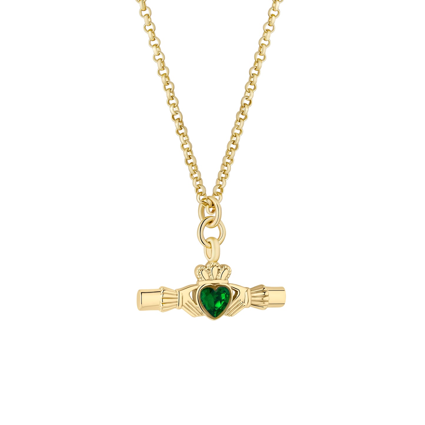 Gold Plated Green Crystal Claddagh T-Bar Pendant