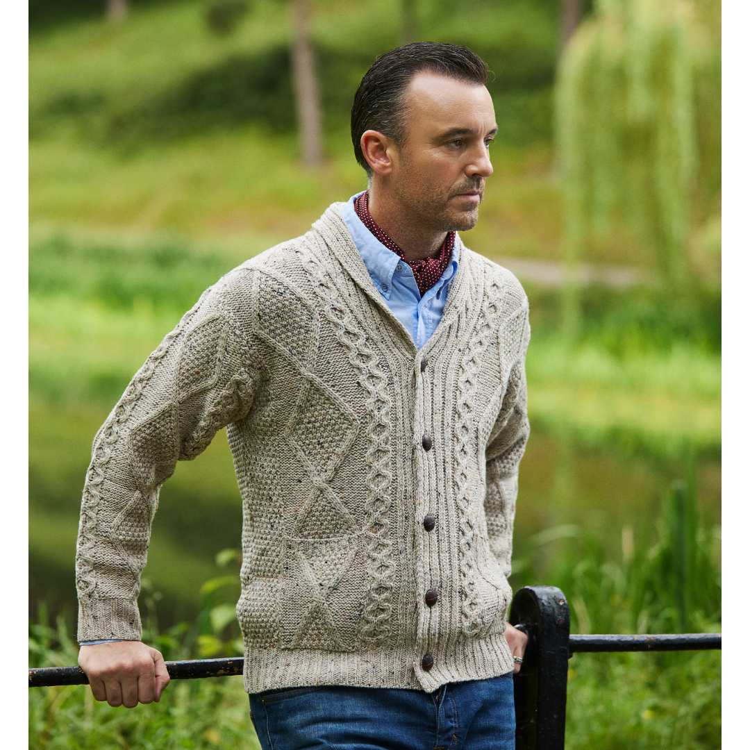 Men's Irish Aran Cable Knitted Button Cardigan Oatmeal – Carrolls