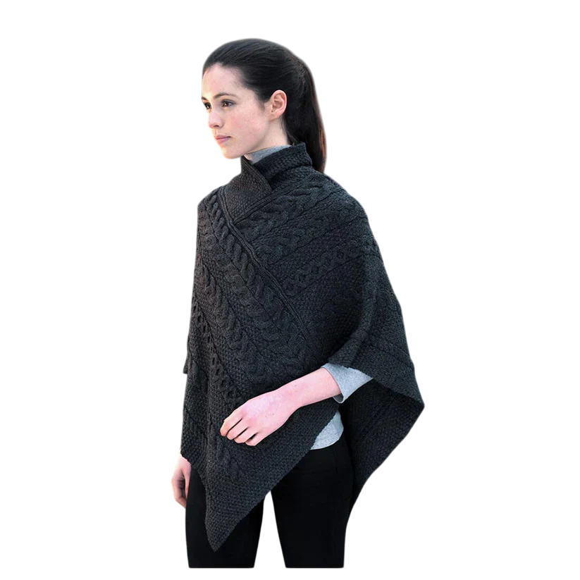Ladies Aran Cable Poncho Charcoal