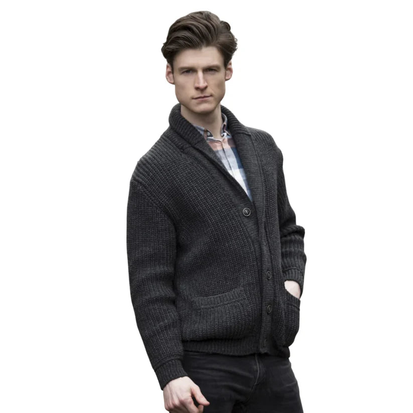 Mens Aran Knit Ribbed Cardigan Charcoal