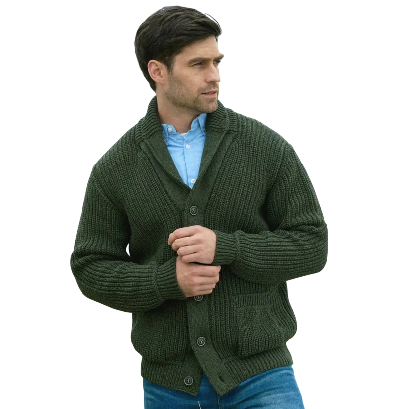 Mens Aran Knit Ribbed Cardigan Green