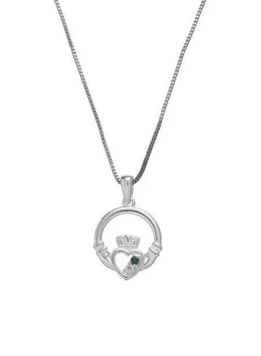 Silver necklace with circular pendant featuring heart and crown design