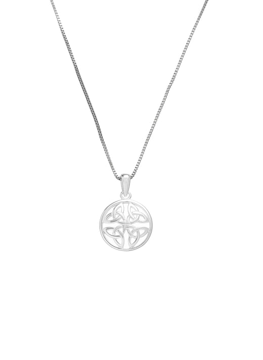 Silver necklace with a round pendant featuring a Celtic knot design