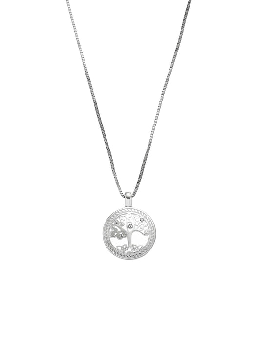 Silver necklace with round pendant featuring tree of life design and small stones