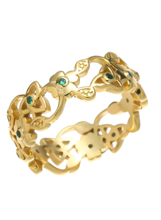 Gold Vermeil Clover and Trinity band ring with clover motifs and green stones