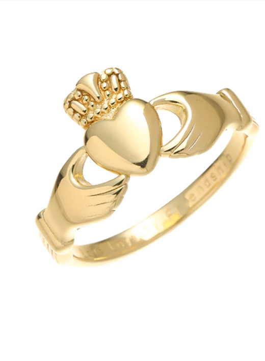 Gold Vermeil Claddagh ring featuring a heart between clasped hands and a crown