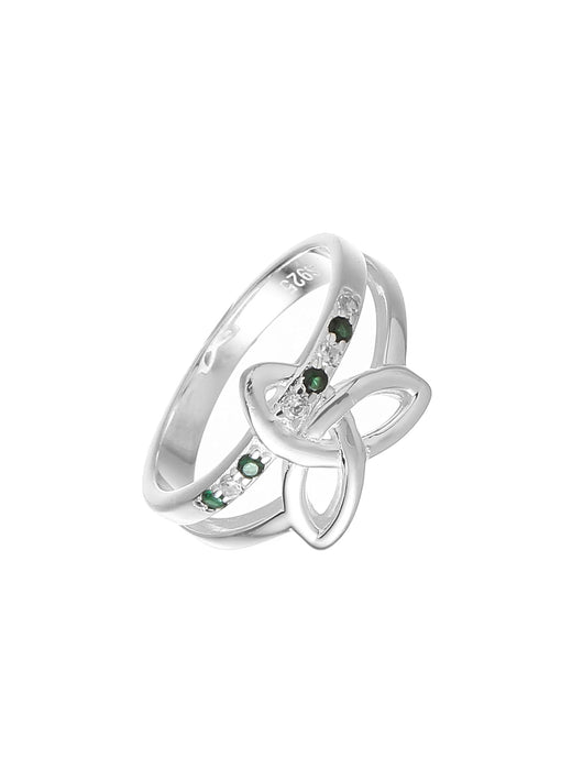 Silver plated Trinity knot style ring with green stones and clear crystals.