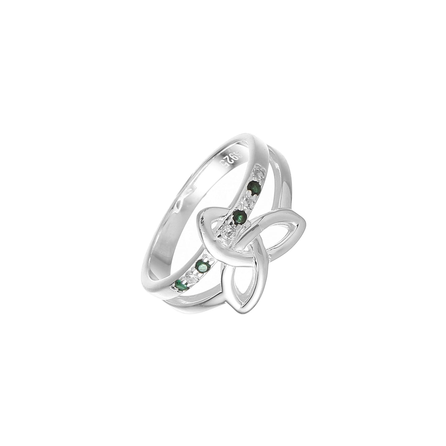 Silver Plated Trinity Knot Style Green & Clear Stones Ring