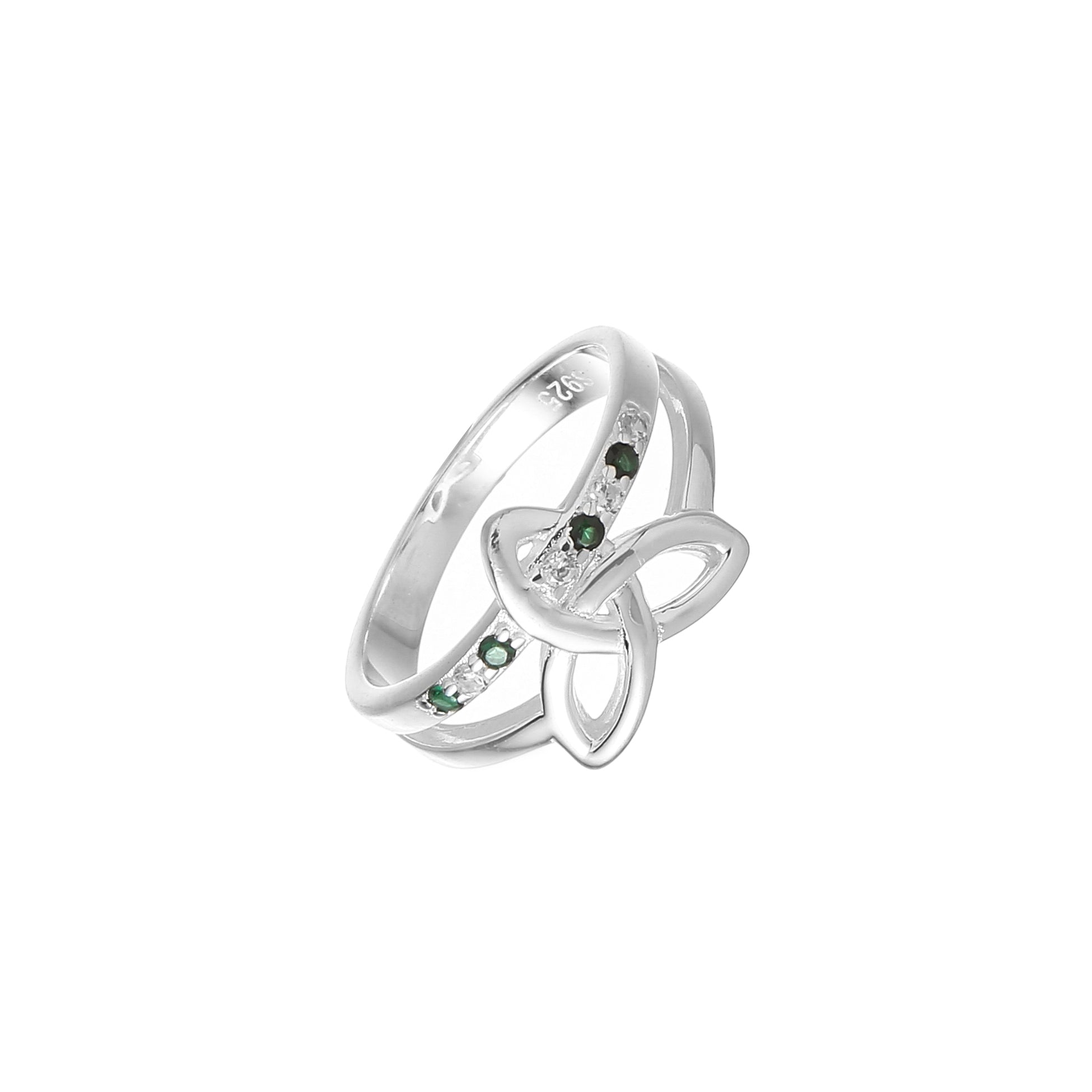 Silver Plated Trinity Knot Style Green & Clear Stones Ring