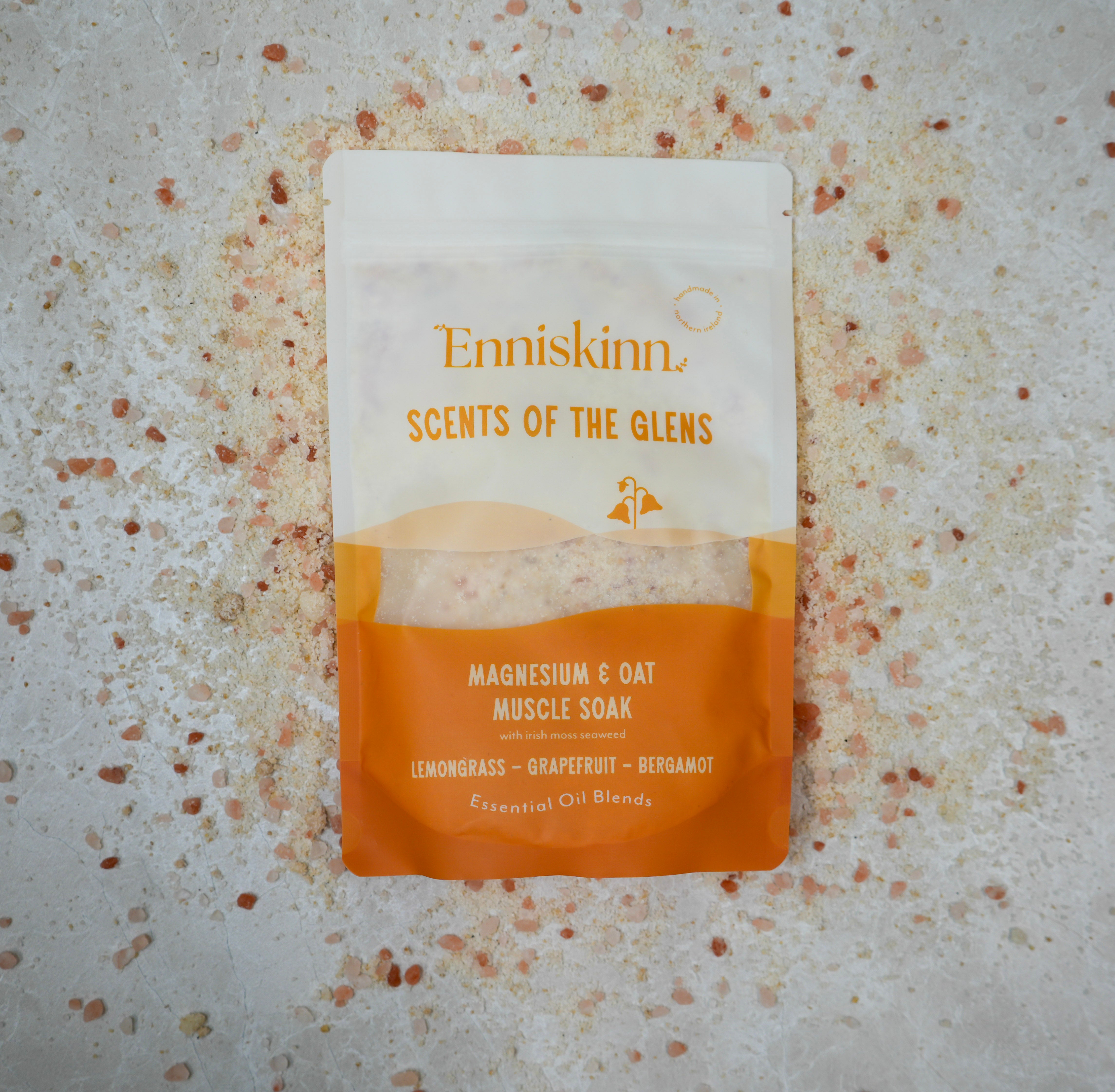 Enniskinn Scents of the Glens magnesium and oat muscle soak bag with an orange bottom panel.