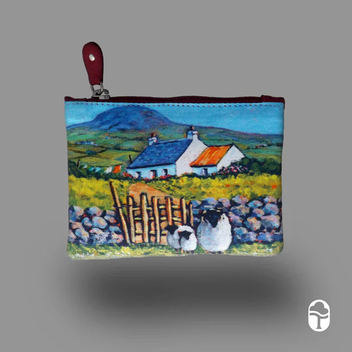 Irish Leather Top Zip Purse Sheep And Cottage Design