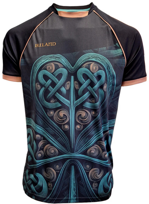 Ireland Big Shamrock performance T-shirt front view with teal Celtic heart design on black fabric