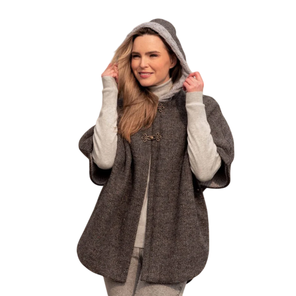Ladies Tweed With Aran Lined Collar Charcoal Poncho