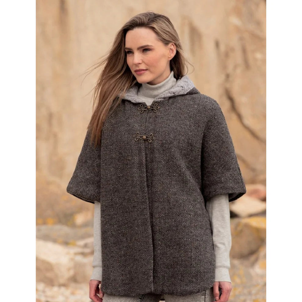 Ladies Tweed With Aran Lined Collar Charcoal Poncho 