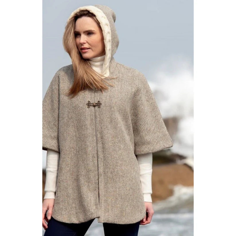 Ladies Tweed With Aran Lined Collar Oatmeal Poncho 