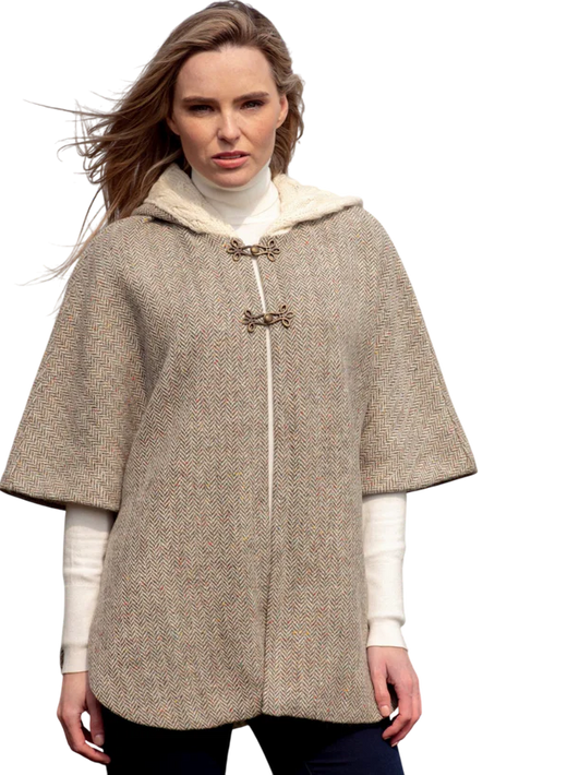 Ladies Tweed With Aran Lined Collar Oatmeal Poncho