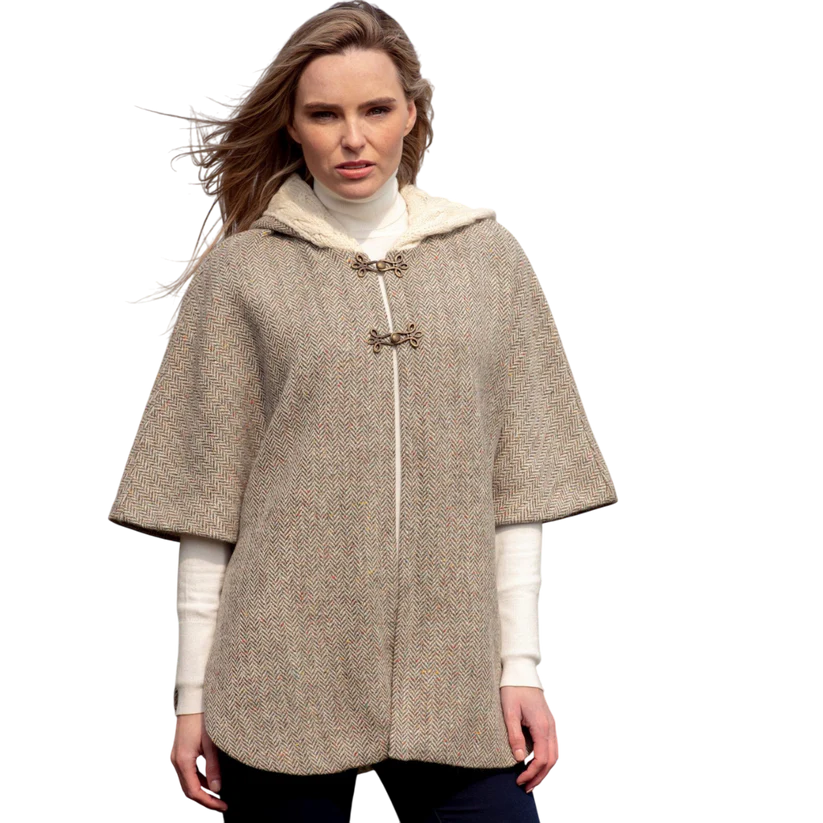 Ladies Tweed With Aran Lined Collar Oatmeal Poncho
