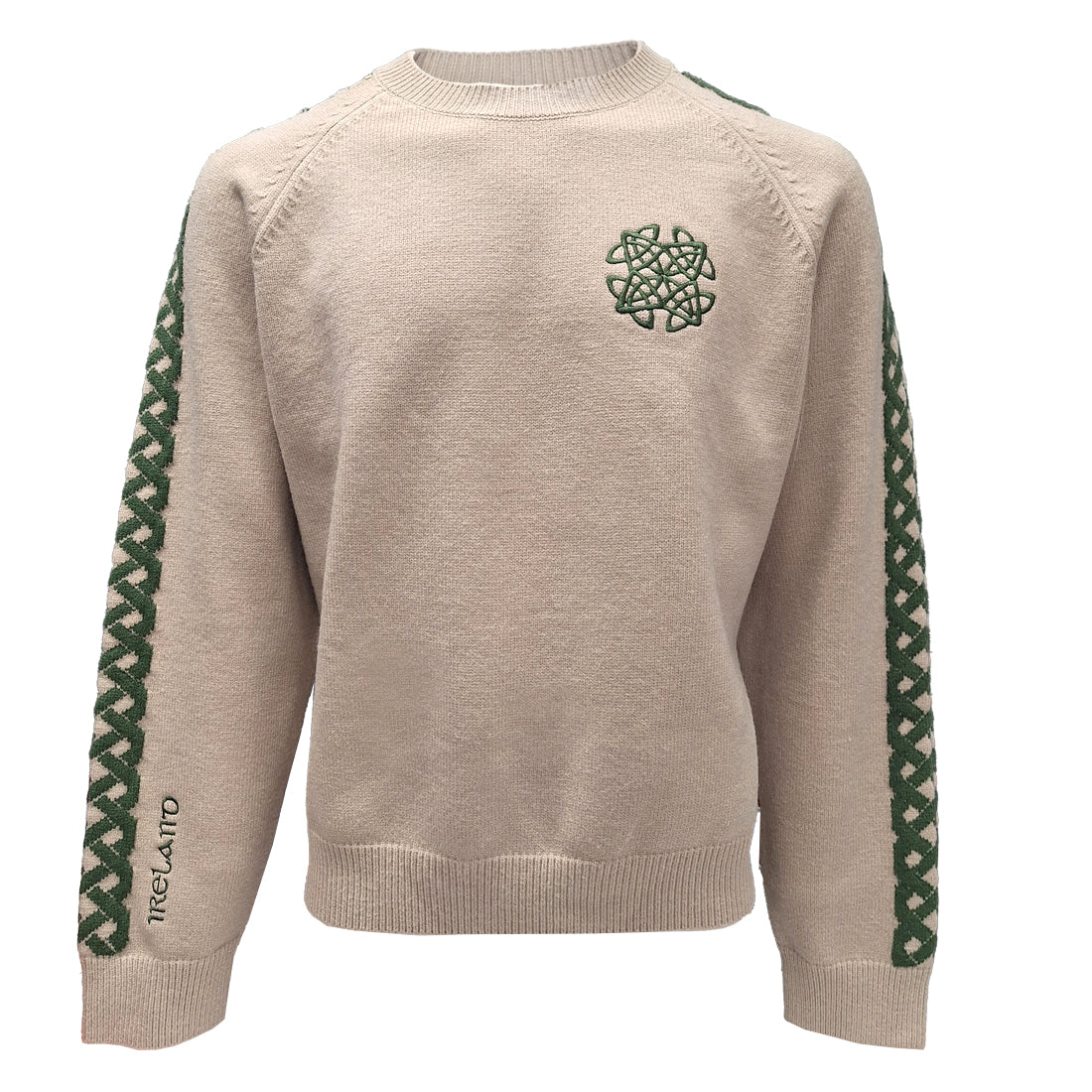 Beige Celtic Knot Stone crew neck sweater with a green knot crest on the chest and green lattice on the sleeves.